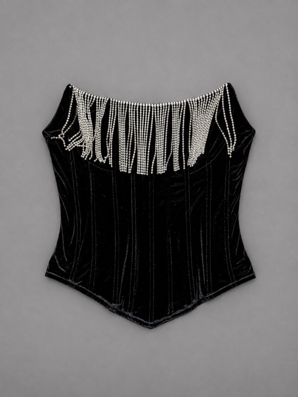LPA Maddalena Black Velvet Rhinestone Fringe Corset Top Size S